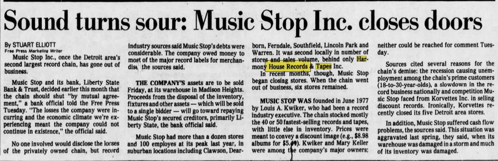 Music Stop - Sep 1980 Article On Closing